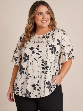 Women’s 3X Floral Blouse Beige Black Tiered Sleeve Office Workwear Plus Top